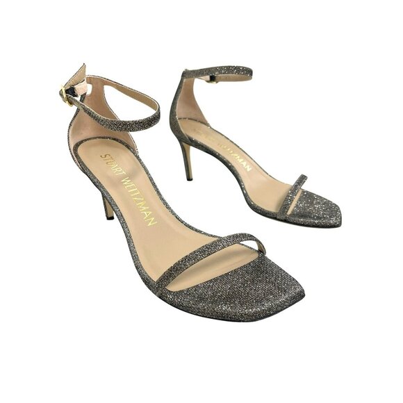 NEW Stuart Weitzman Nudist Curve Glitter Ankle Strap Heels Sandals Shoes Sz 8 - Picture 1 of 8